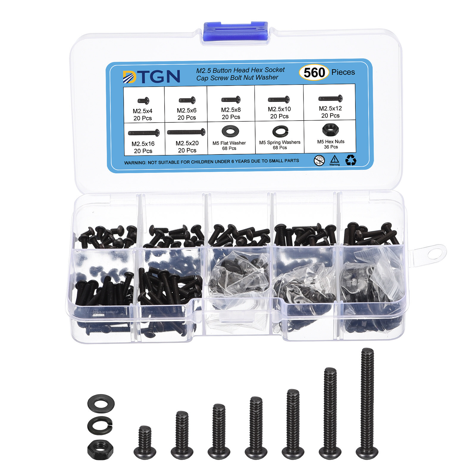 560x M2.5-0.45x4~20 Button Head Hex Socket Cap Screw Bolt Nut Washer Assortment