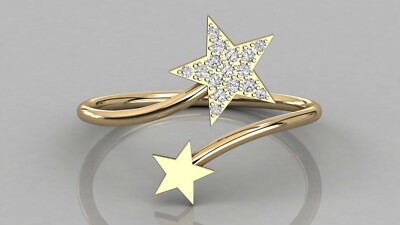 Zwei Sterne offener natürlicher Diamant Ring Ehering minimalistisches Band 9 kt Gold