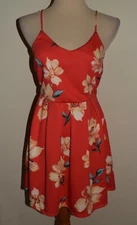 New Monteau Dress Large Orange Floral Spaghetti Strap Fit & Flare V-Neck Mini