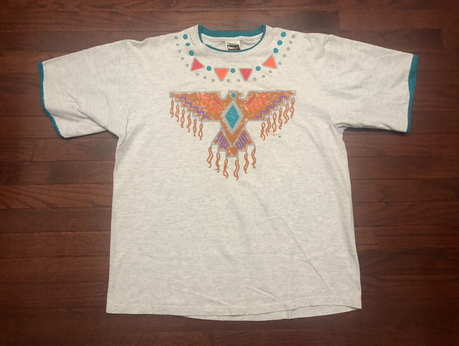 ALTRA T SHIRT TRIBAL EAGLE BIRD VINTAGE ANNI 90 UOMO XL GRIGIO VERDE NATIVI AMERICANI V E