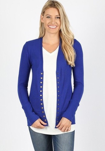 Women Snap Button Front V-Neck Soft Stretch Rayon Blend Fabric Sweater Cardigan - Picture 22 of 64