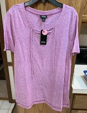 A.N.A. Women's Small Pink Solid V-Neck w/ tie Eyelets S/S 842-3651-20463 JCP NEW