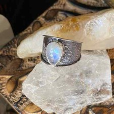 Moonstone Sterling Silver Etched Wide Band Ring Size 9