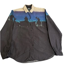 Western Cowboy Roper Border Shirt Mens Black Horse Sunset Rodeo 90s Sz Medium