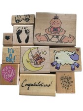 Wooden Baby-Themed Rubber Stamp Lot Bundle Baby Showers Crafts Stamp Party Fun