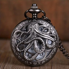 BLACK OCTOPUS Vintage Quartz Pocket Watch with Chain Pendent GOTHIC PIRATE