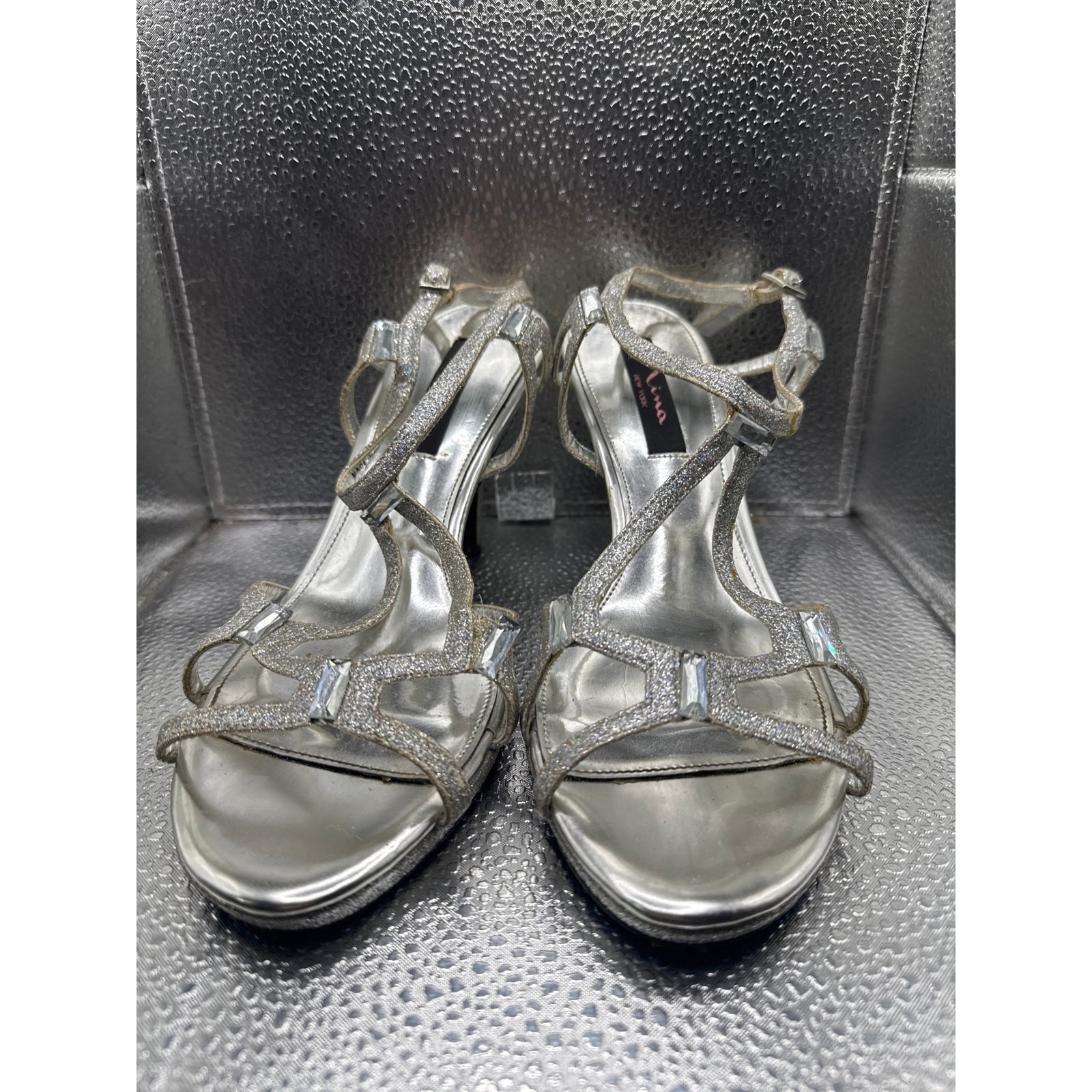 Nina New York Metallic Silver Strappy Stiletto Pump Heels Size 7M