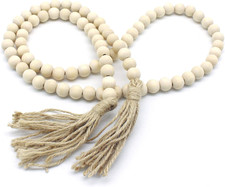 Wood Beads Garland with Tassels Farmhouse Rustic Wooden Prayer Bead String Wall