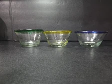 Mexican Hand Blown Art Bowls Blue Yellow Green Rim Recycled Glass Set Of 3