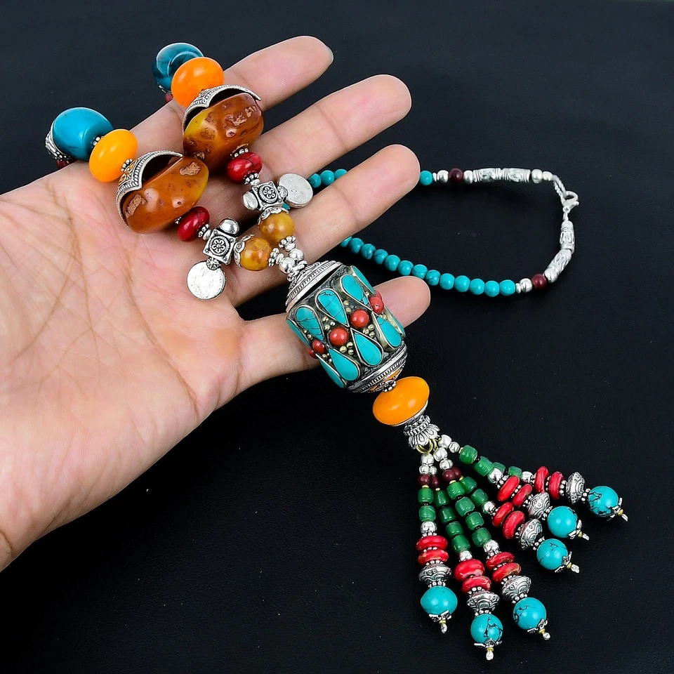 Collana di perle in argento sterling 925 etnico boemo corallo ambra... - Immagine 4 di 4