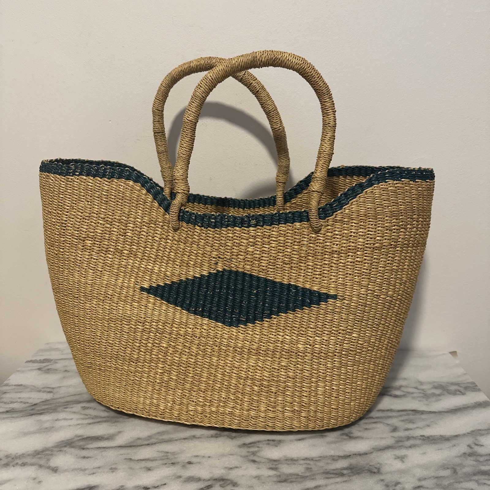 Handmade Woven African Fair Trade Basket Tan/green 11X18&rdquo; 