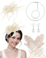 Champagne Fascinators Hat Set for Women Tea Party Headband Lace Gloves Set