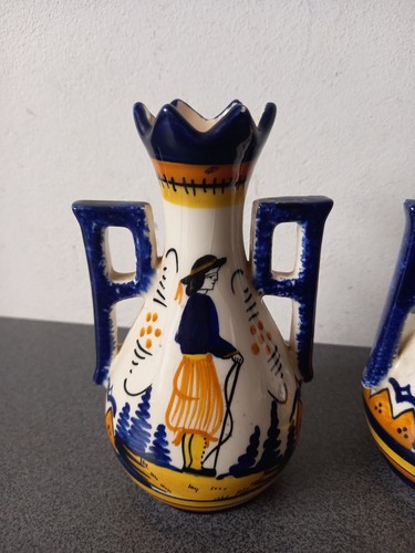 Antigua Pareja De Pequeños Jarrones Henriot Quimper - 14,5 CM - Imagen 2 de 15