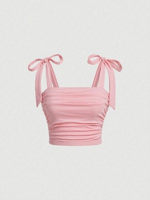 Y2K Ruched Tie Strap Bow Crop Top Womens Cami Aesthetic Summer Streetwear S-L
