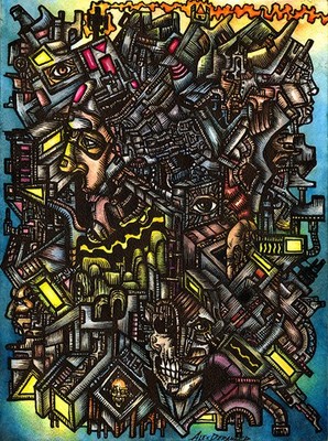 ORIGINAL ARTWORK - Outsider Surreal Abstract Art - Watercolor 9x12 -NEUROCITY