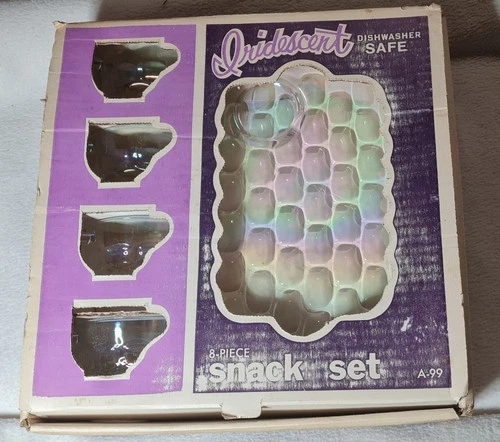 Vtg MCM Iridescent Thumbprint 8Pc Federal Glass Company USA Snack Set A-99 Boxed