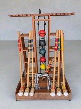 Vintage Sportcraft Croquet Set Complete Wooden Rolling Caddy Rack 8 Mallets Ball