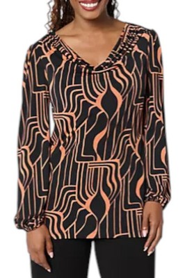Susan Graver Printed Liquid Knit Cowl Neck Top Sleeves Amber/Black