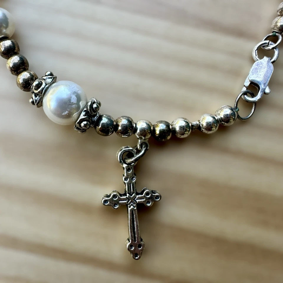 VTG Bead Charm Bracelet 7.5" Christian Cross Faux Pearl Crystals Sterling 10.3g - Image 2 of 4