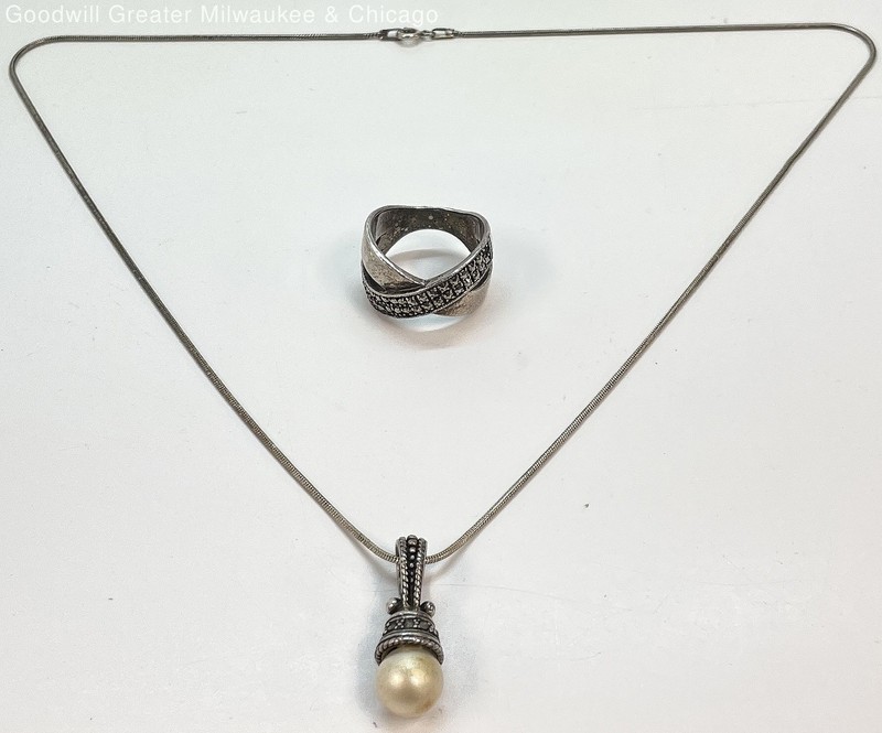 Artisan 925 Marcasite Faux Pearl Pendant Necklace & Ring 20.7g