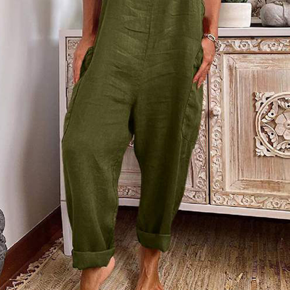 Women Cotton Linen Strappy Jumpsuit Dungaree Casual Loose