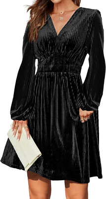 NWT $50 SZ M/L HOT TOUCH BLACK VELVET LONG SLEEVED DRESS V NECK