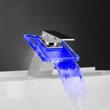 LED Glass Waterfall Faucet Bathroom Basin Tap Vanity Mixer Faucets Color Change