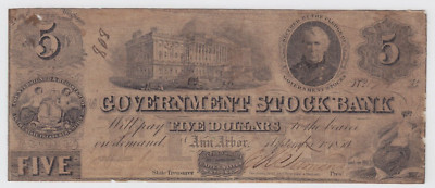 1850 Government Stock Bank $5 Obsolete Note Ann Arbor MI MI40G10 ANN-4 ...