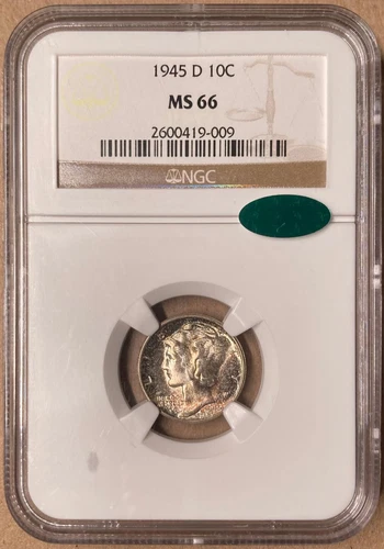 1945-D NGC & CAC MS66 Mercury Dime 10c - Toned - Denver Mint