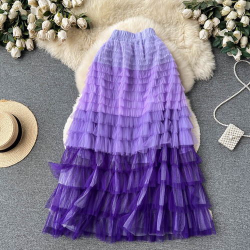 Damen elastischer Taille Tüll Rock geschichtet Tutu Netz abgestufter Farbverlauf Regenbogen Mode - Bild 19 von 32