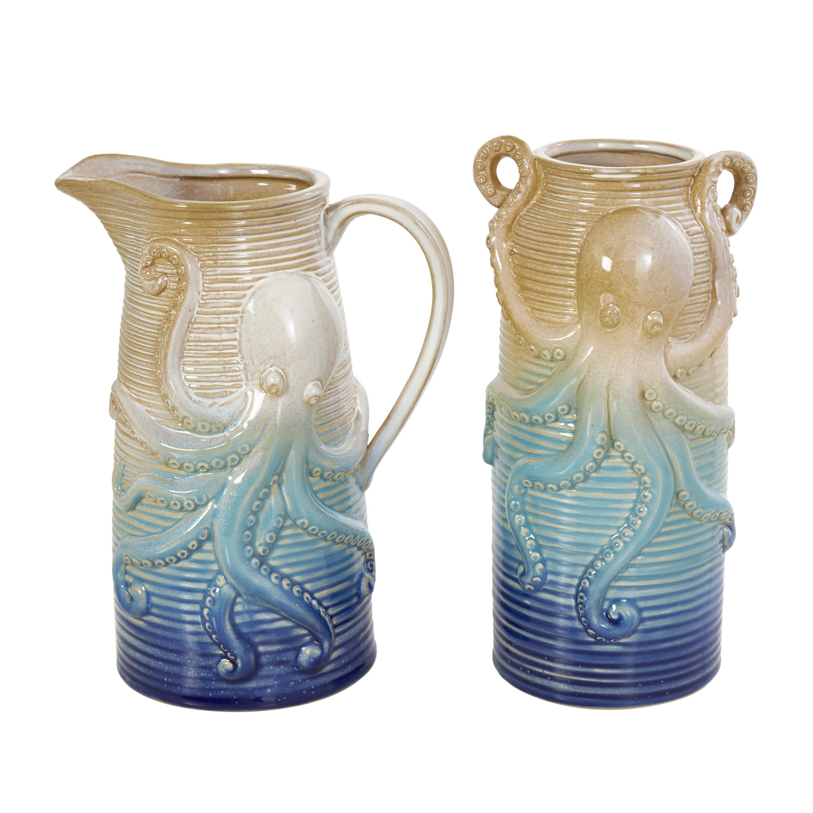 Ceramic Octopus Decorative Vase Dimensional Ribbed Ombre Centerpiece Vases, S...