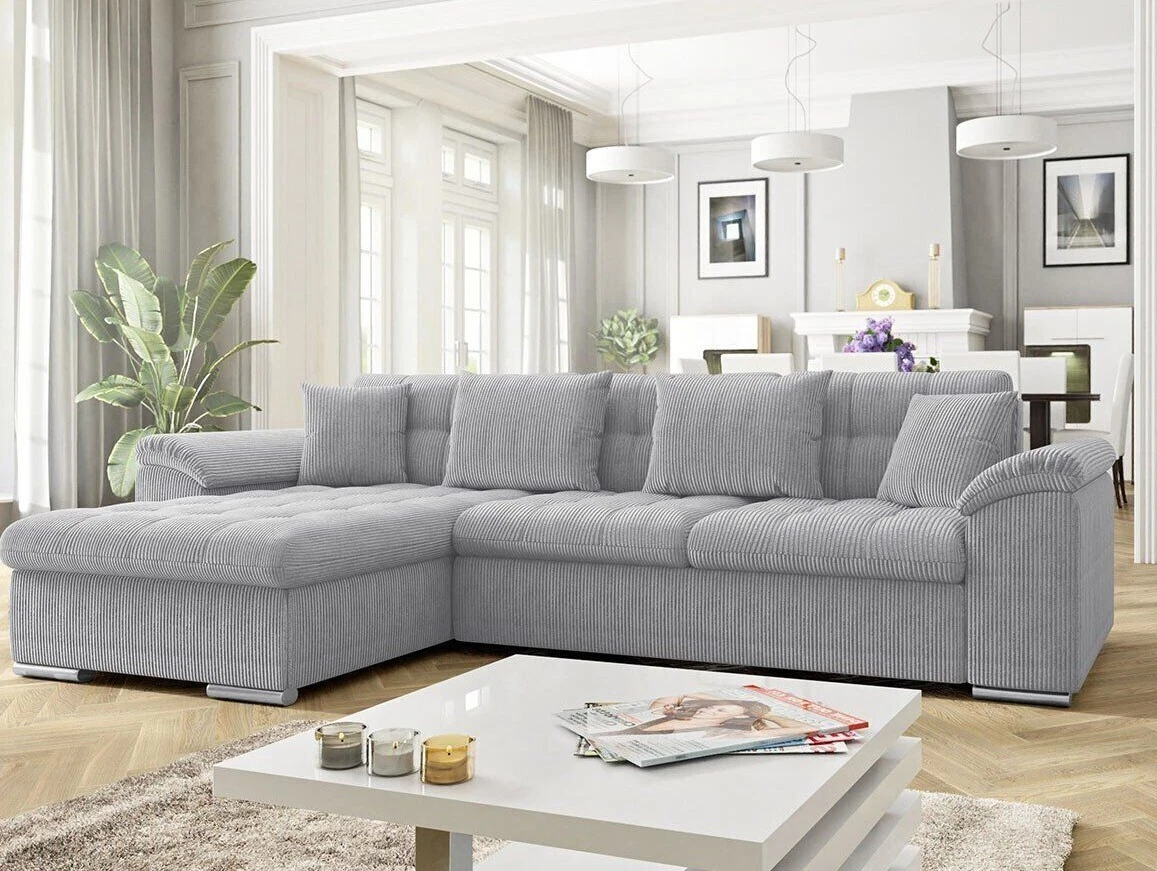 L Shaped Corner Sofa with Storage Springs DIANA Corduroy Grey Green Cream New