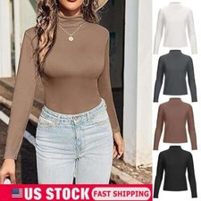 Turtleneck Long Sleeve Basic Knit Top Shirt Stretch Soft Solid Ribbed T-Shirt