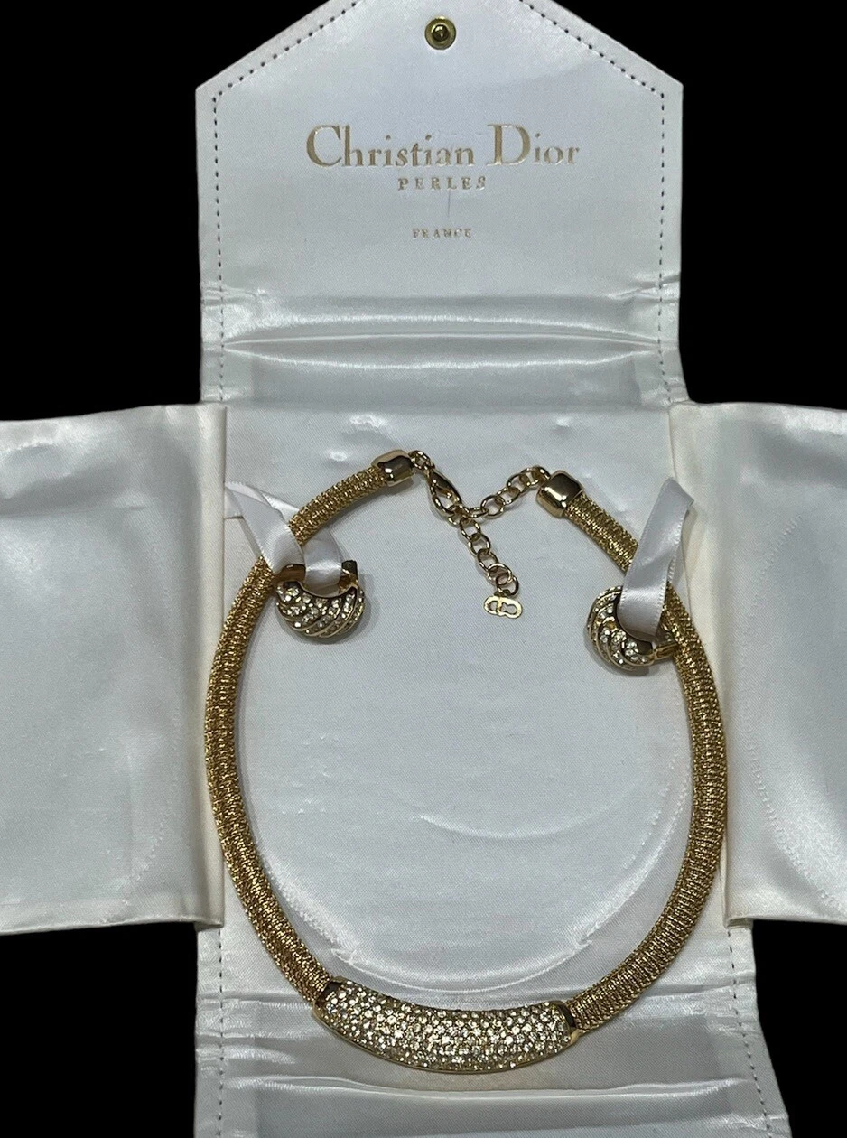 Christian Dior France ton or maille chaîne collier & boucles d'oreilles ensemble strass 