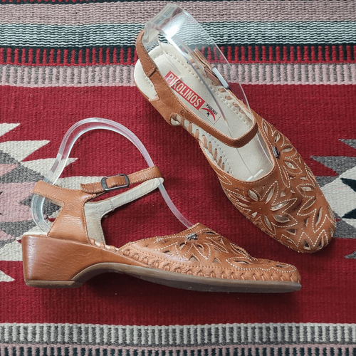 Pikolinos Floral Lazer Cut Mary Jane Sandals Sz 39 US 8.5-9 Brown Leather Casual