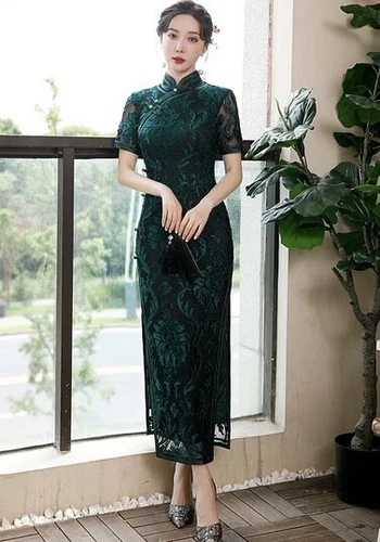 Lujoso Vestido Largo Chino Verde Esmeralda Encaje Cheongsam Qipao*/ - Imagen 3 de 5