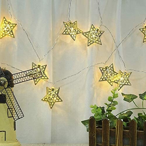Cadena de luces de hadas 16 LED de metal dorado estrella cobre para hogar, oficina, Navidad 1 - Imagen 15 de 18