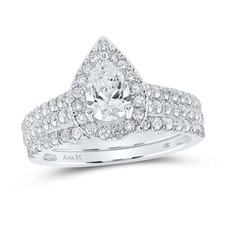 14kt White Gold Pear Diamond Halo Bridal Wedding Ring Band Set 1-1/2 Cttw