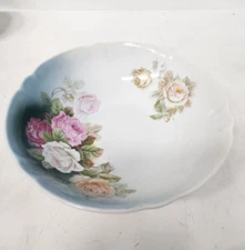Vintage Germany Pottery Floral Roses Serving Bowl Round Ruffle Edges Porcelain