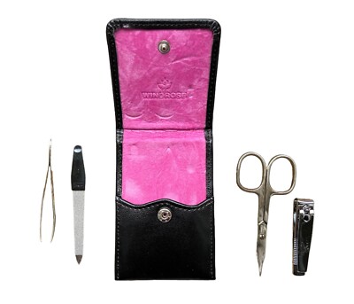 Maniküre Set 4 Teilig Merino PU Leder Windrose Solingen Schwarz innen Pink NEU