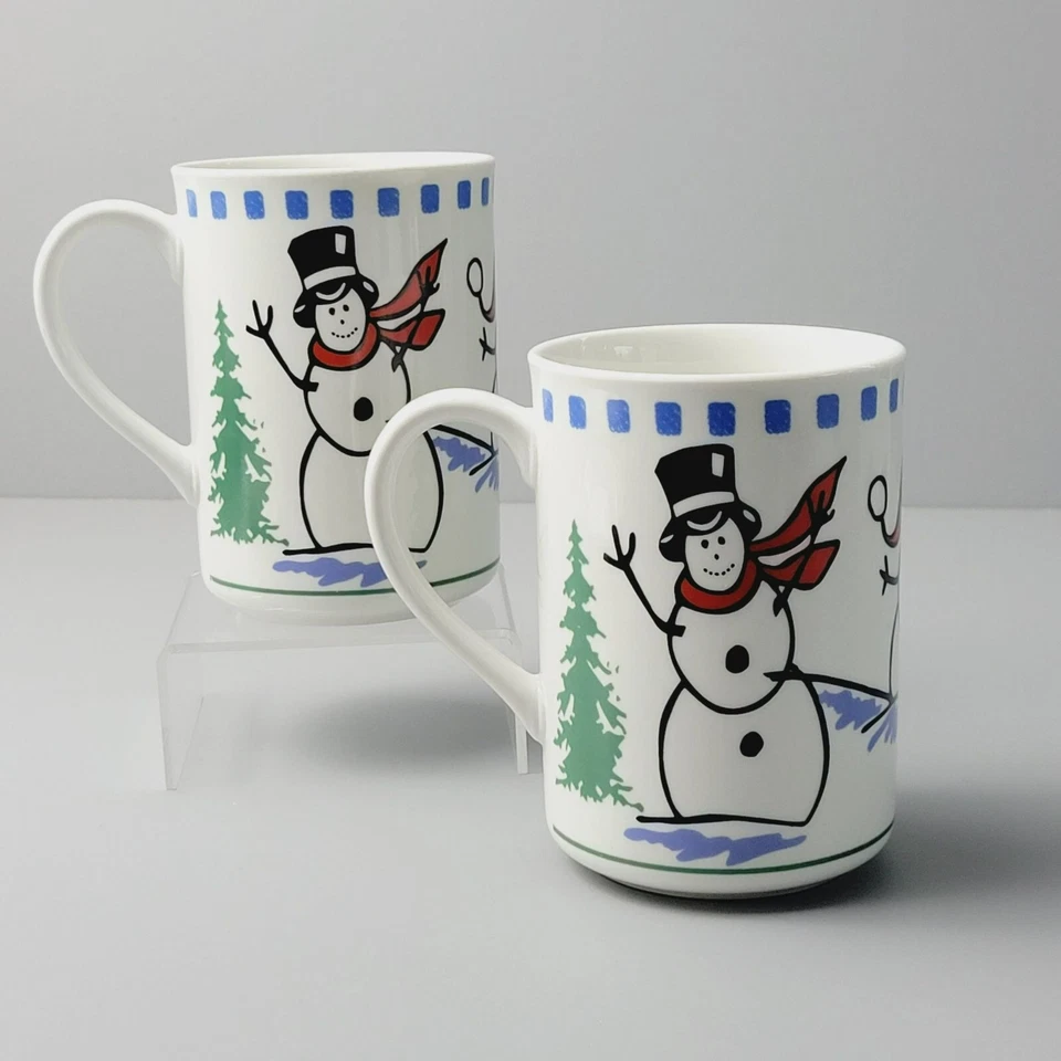 Tazas de café Libbey muñeco de nieve (2), diseño de invierno blanco, azul y verde descontinuado Foto 3 de 4