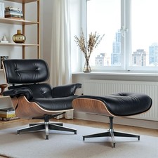 Walnut Lounge Chair and Ottoman Italian Genuine Leather Armchair for Eams Style