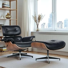 Walnut Lounge Chair and Ottoman Italian Genuine Leather Armchair for Eams Style