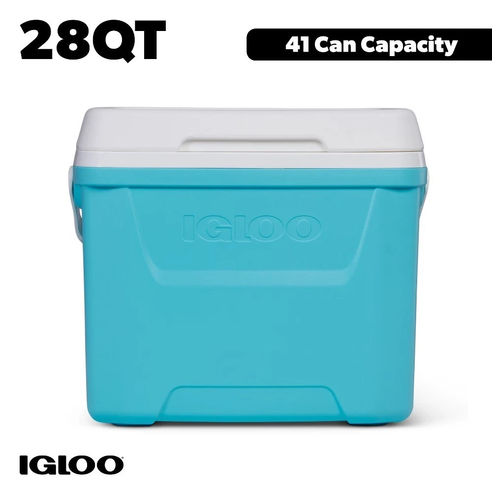 28 QT Hard-Sided Ice Chest Cooler, Aqua Blue and White, Portable