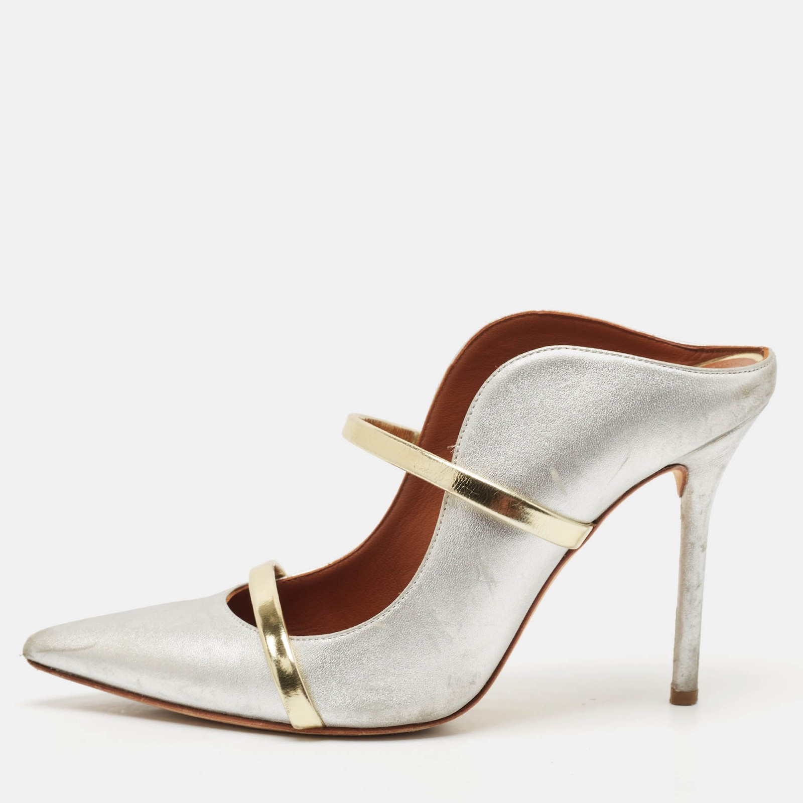 Malone Souliers GoldSilver Leather Maureen Pointed Toe Mules Sandals Size 37.5