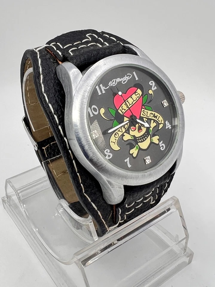 Vintage ED HARDY, 2000er Lederband, Love kills slowly, 41mm Herrenuhr - Bild 2 von 3