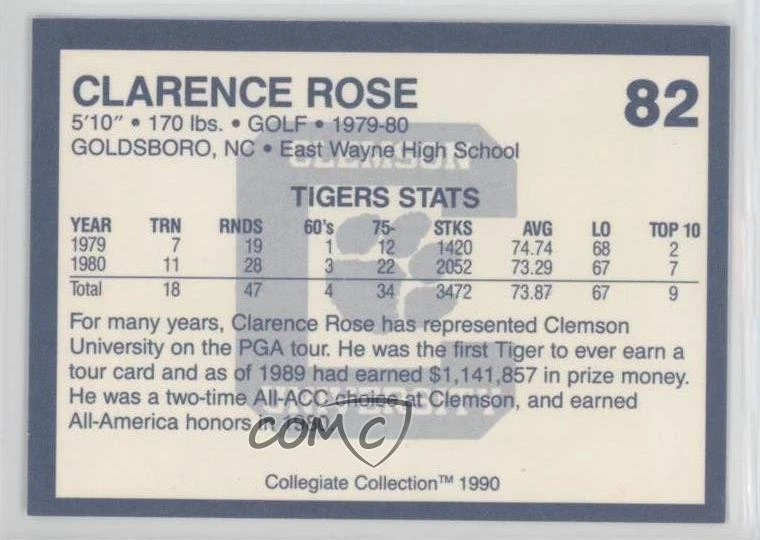 1990 Collegiate Collection Clemson Tigers Clarence Rose #82 - Image 2 of 2