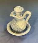 Vintage 1978 Avon Blue Swirl Rose Milk Glass Bubble Bath Pitcher and Bowl Set