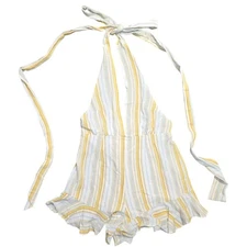 Olivaceous Halter Romper Size Medium Ruffled Striped Yellow Gray White Lined