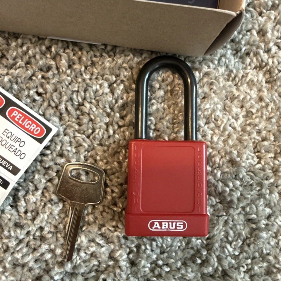 Lot of 6 Abus 74/40 Red Lockout Tag Out LOTO Padlock With Key & labels.  - Image 3 of 4